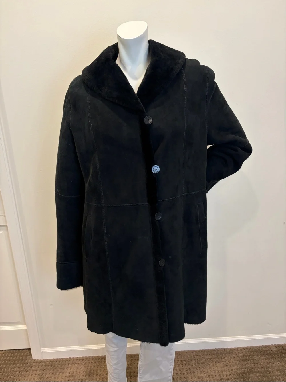 STEFANIA SARLE Black Genuine Nubuck Shearling Leather Button Up Coat